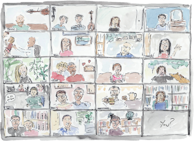 Watercolour painting of an online MediaWorks team meeting